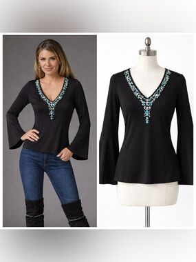 Boston Proper Black Turquoise Crystal Bead Embellished V-Neck Top Bell Sleeve S